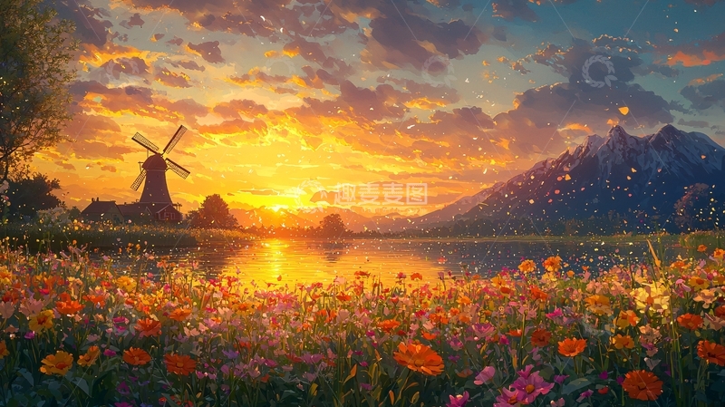 高清大图下载【趣麦麦图】夕阳下的田园风车风景
