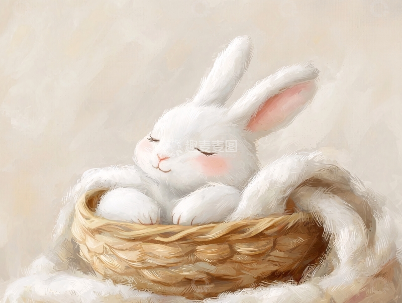 高清大图下载【趣麦麦图】可爱小白兔睡篮子