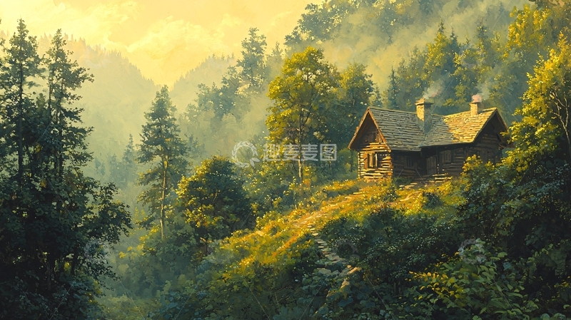 高清大图下载【趣麦麦图】清晨山林木屋