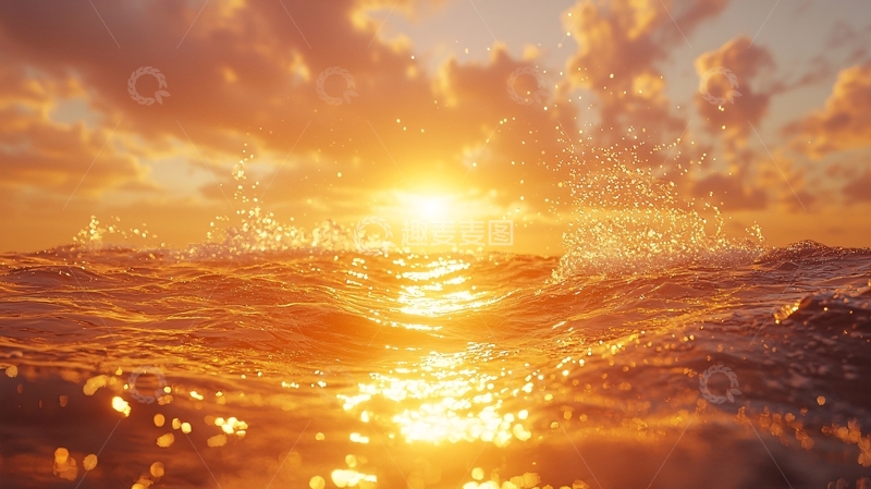 高清大图下载【趣麦麦图】金色夕阳下的波涛海面