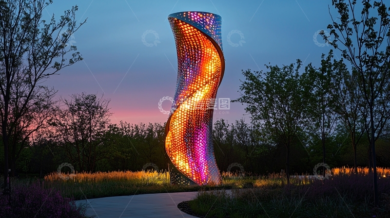 高清大图下载【趣麦麦图】夜幕下旋转的金属雕塑