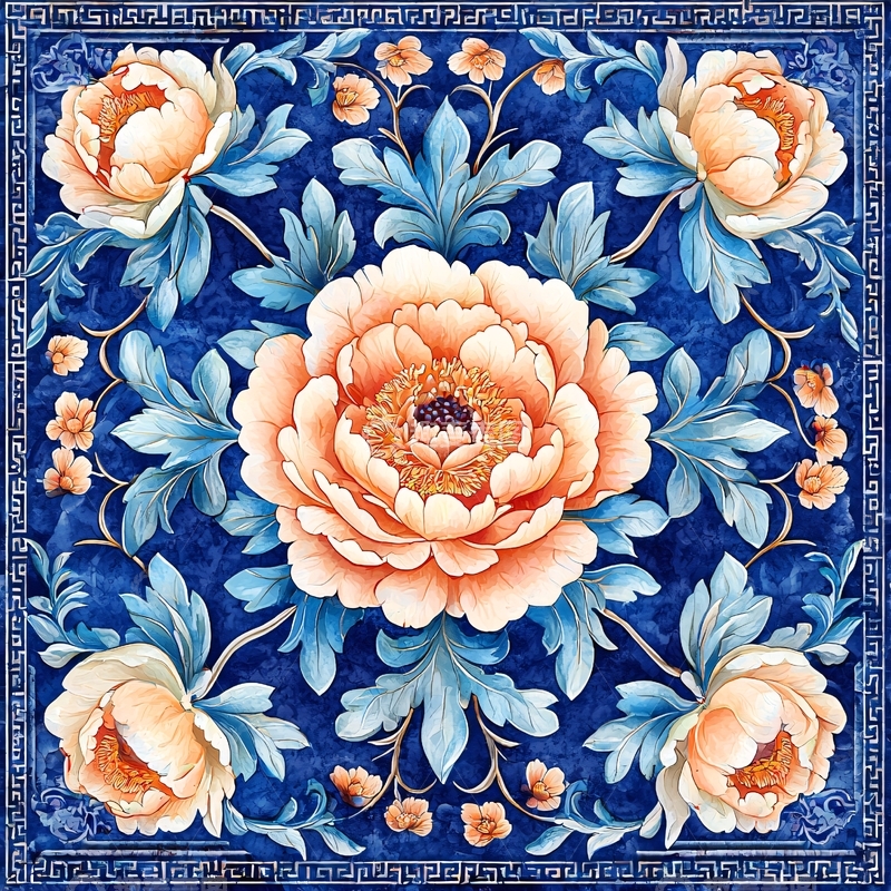 高清大图下载【趣麦麦图】蓝色底纹的牡丹花图案