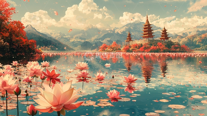 高清大图下载【趣麦麦图】秋日红莲湖畔古塔