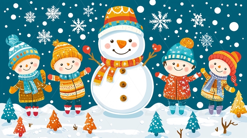卡通雪人与孩子们