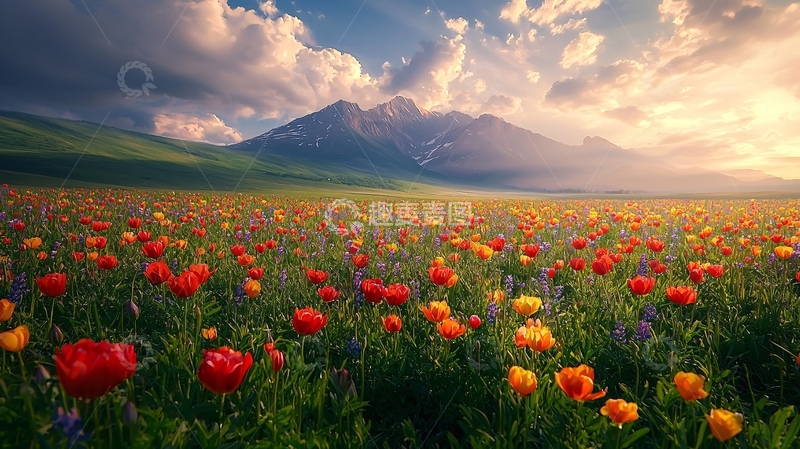 高清大图下载【趣麦麦图】山峰下的彩色郁金香花田
