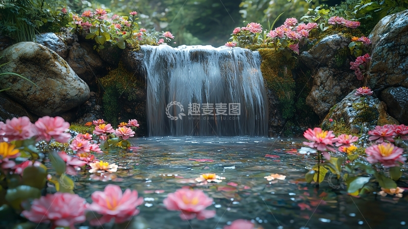 高清大图下载【趣麦麦图】瀑布流水鲜花盛开的秘境