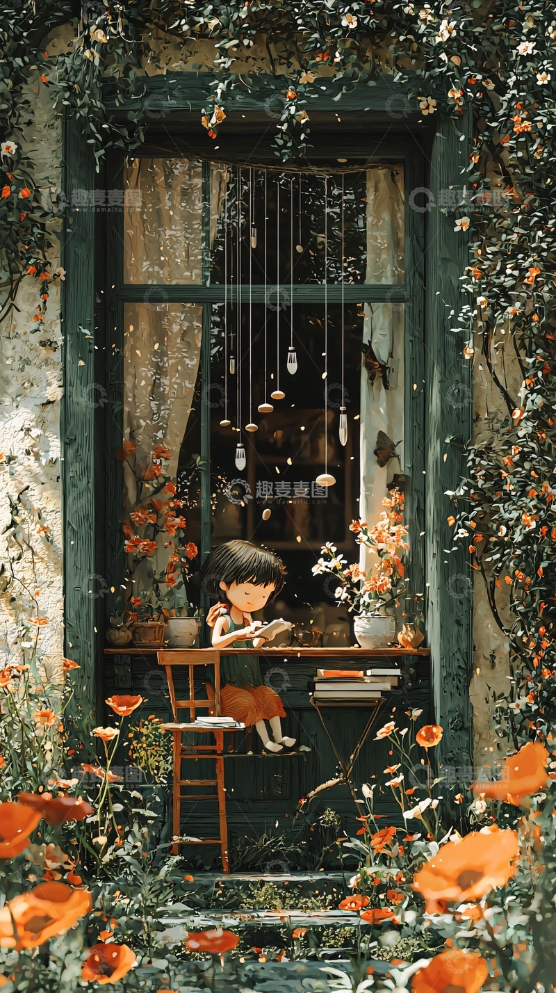 高清大图下载【趣麦麦图】绿窗小女孩读书