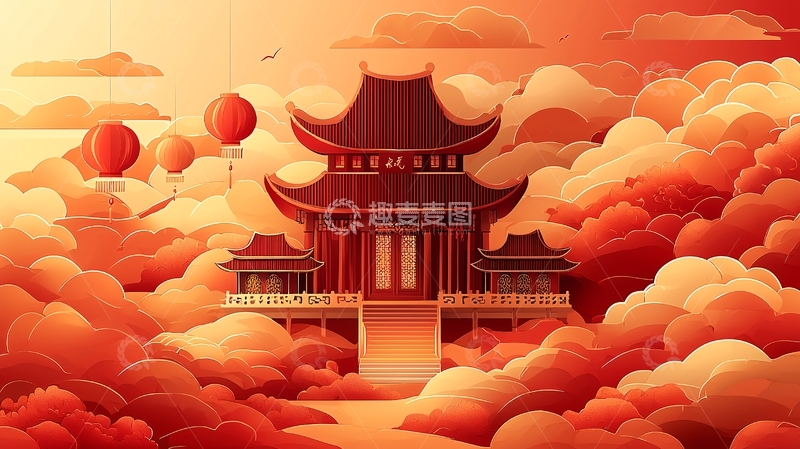 高清大图下载【趣麦麦图】红色古建筑云海灯笼