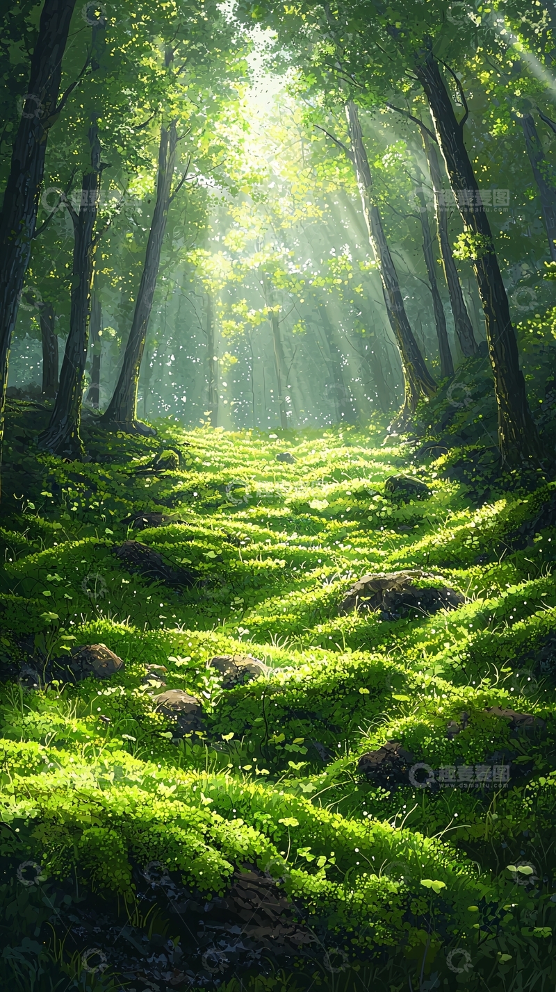 高清大图下载【趣麦麦图】阳光洒在绿意盎然的森林