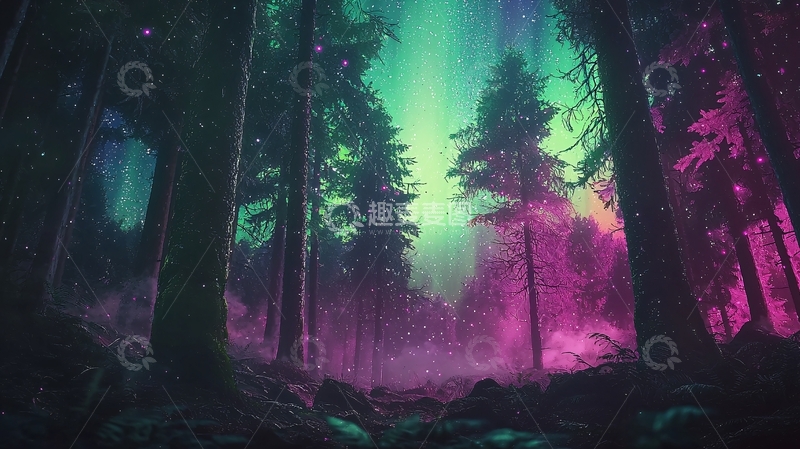 高清大图下载【趣麦麦图】极光森林梦幻景色