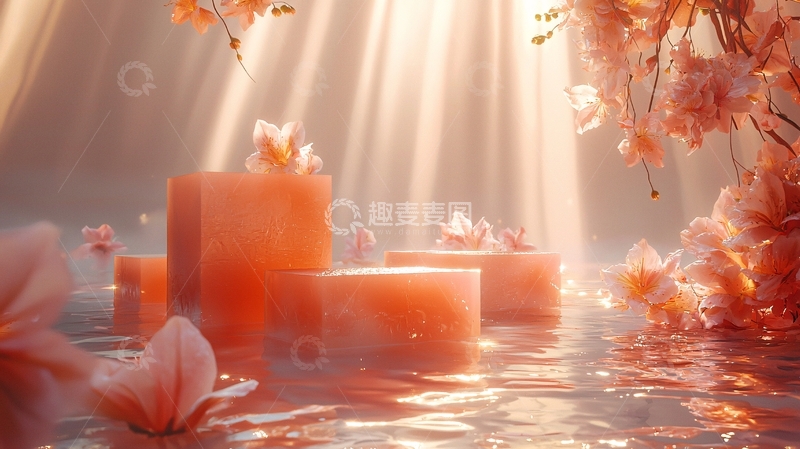 高清大图下载【趣麦麦图】粉色花朵光线水面中的蜡烛