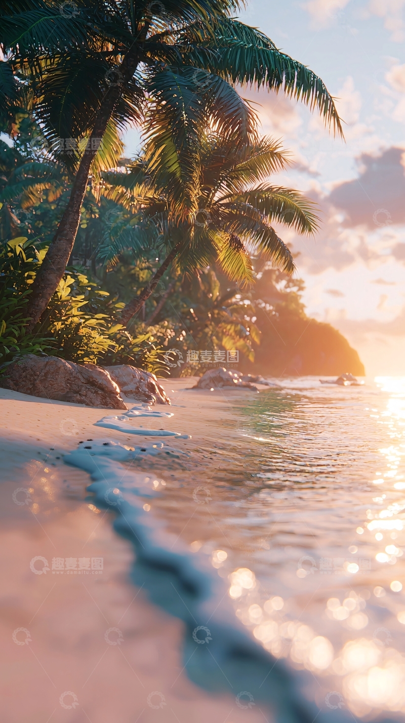 高清大图下载【趣麦麦图】热带海滩落日余晖
