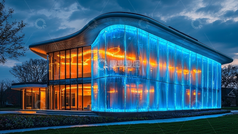 高清大图下载【趣麦麦图】蓝色灯光照亮的现代建筑