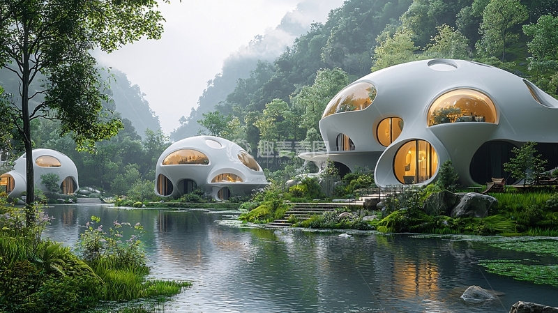 高清大图下载【趣麦麦图】山谷中的未来生态房屋
