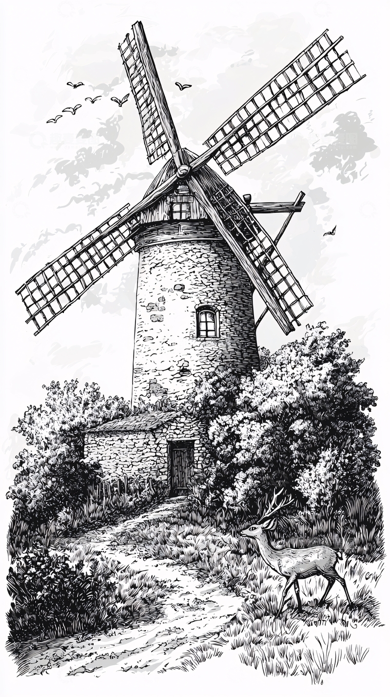 高清大图下载【趣麦麦图】黑白风车画