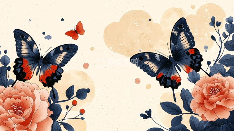 高清大图下载【趣麦麦图】精美蝴蝶花卉水彩画