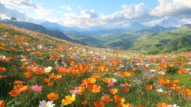 高清大图下载【趣麦麦图】山坡上的彩色野花田