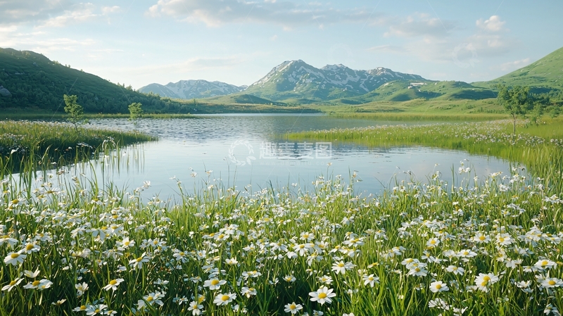 高清大图下载【趣麦麦图】山间湖泊野花盛开