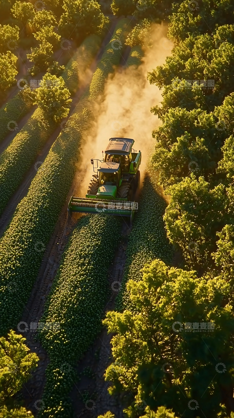 高清大图下载【趣麦麦图】金色夕阳下收割机作业