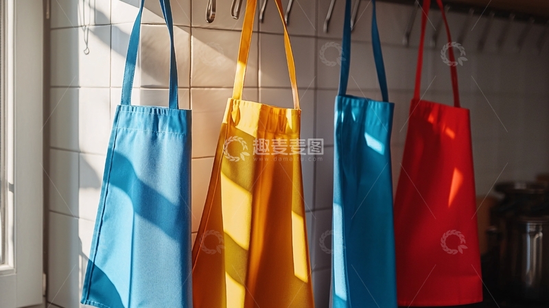 高清大图下载【趣麦麦图】厨房三色围裙挂墙上