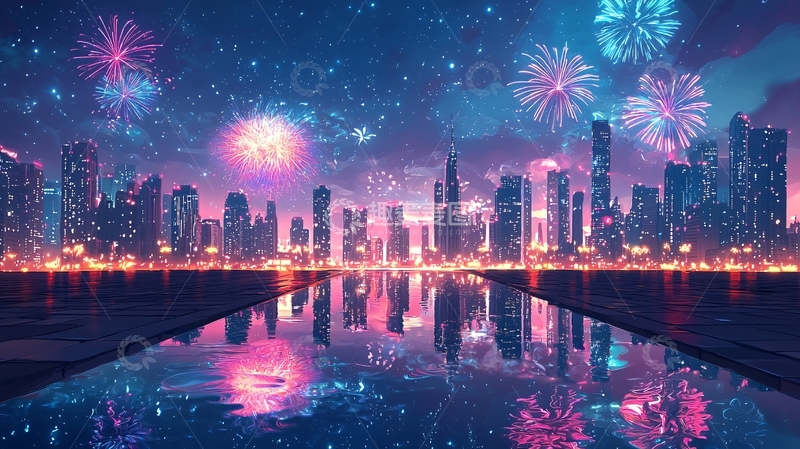 高清大图下载【趣麦麦图】梦幻城市夜景烟火