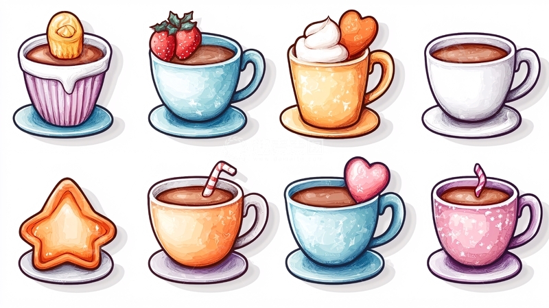 高清大图下载【趣麦麦图】卡通手绘咖啡杯甜点