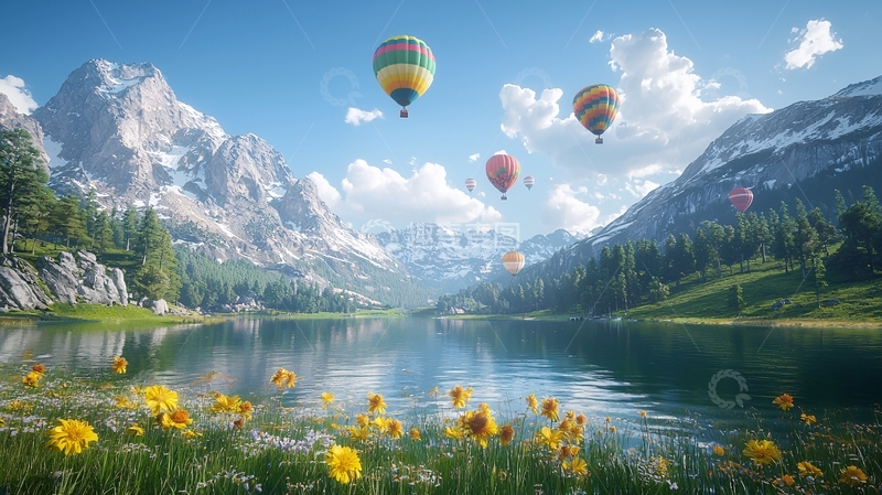 高清大图下载【趣麦麦图】热气球飞跃阿尔卑斯山