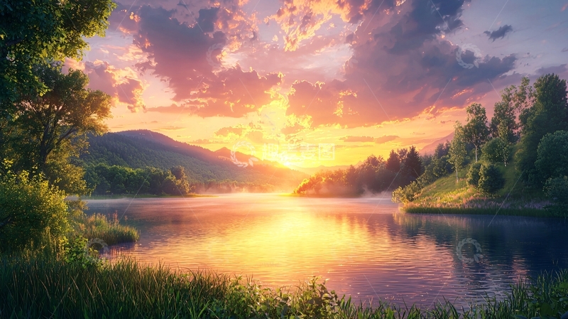 高清大图下载【趣麦麦图】日出湖光山色