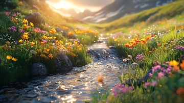 阳光下的山谷溪流