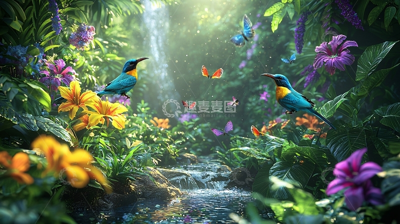 高清大图下载【趣麦麦图】热带雨林瀑布鸟类花朵