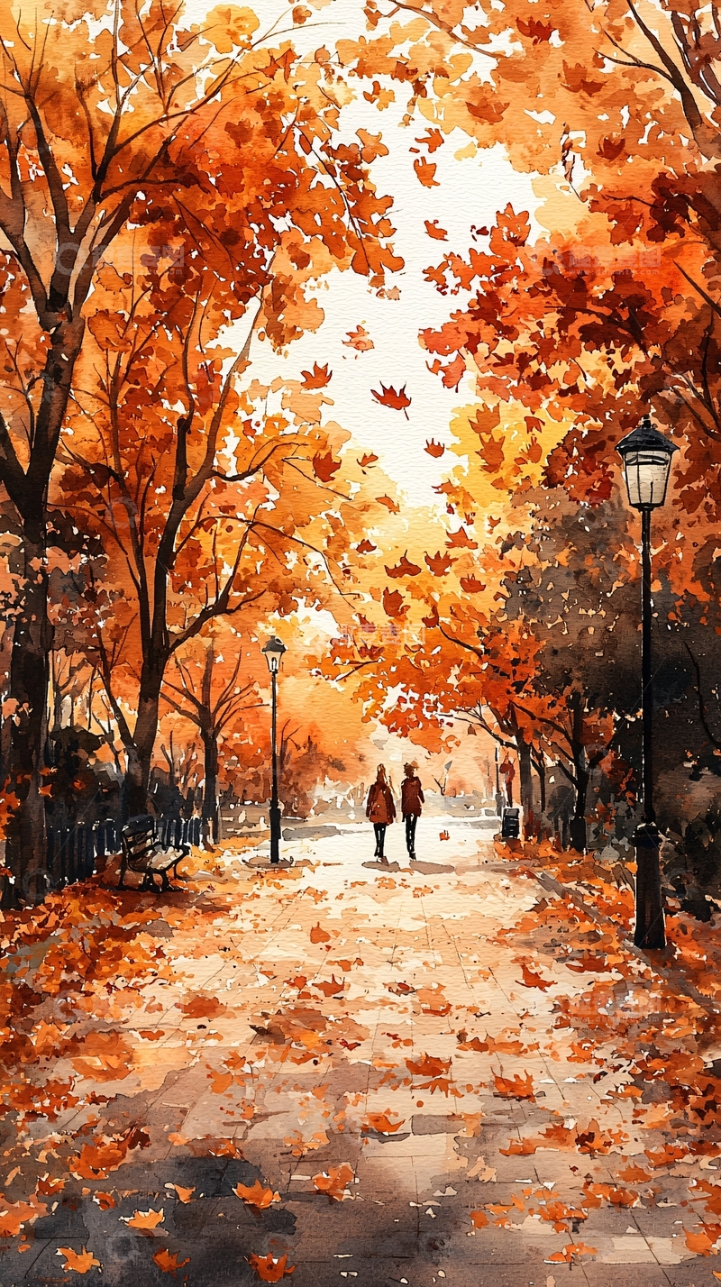 高清大图下载【趣麦麦图】秋日落叶小道情侣漫步