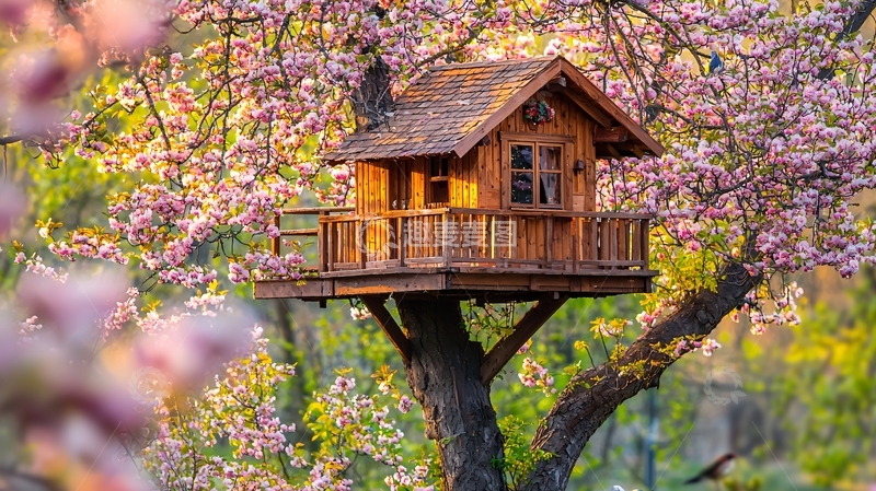 高清大图下载【趣麦麦图】樱花树上的木屋