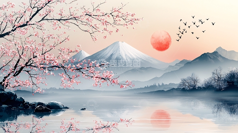 高清大图下载【趣麦麦图】富士山樱花湖景