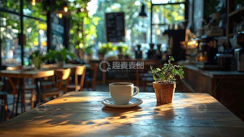 高清大图下载【趣麦麦图】阳光洒在木桌上的咖啡杯