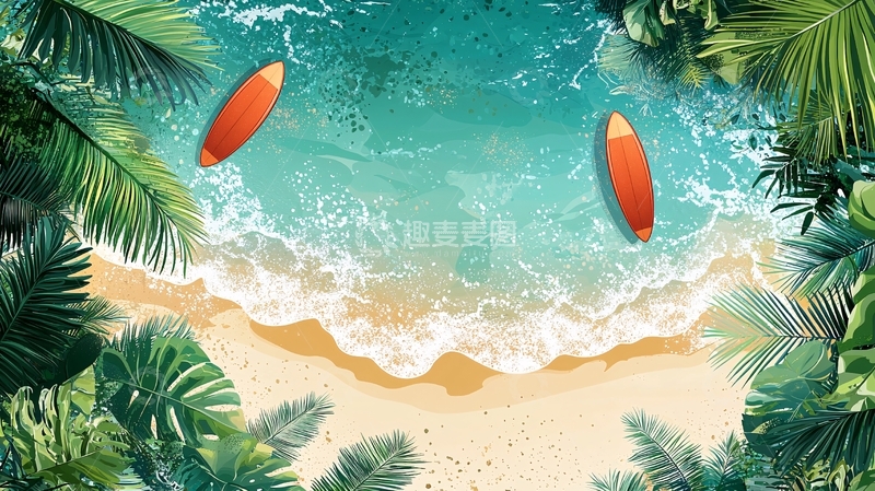 高清大图下载【趣麦麦图】海滩冲浪板热带雨林俯瞰图