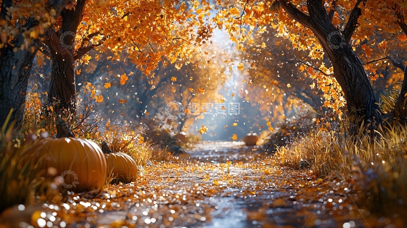 高清大图下载【趣麦麦图】秋日森林小路南瓜