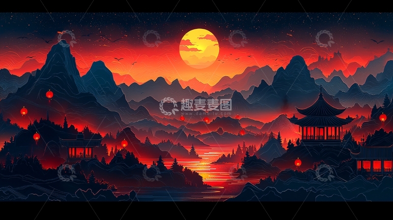 高清大图下载【趣麦麦图】血色夕阳下的中国山水画