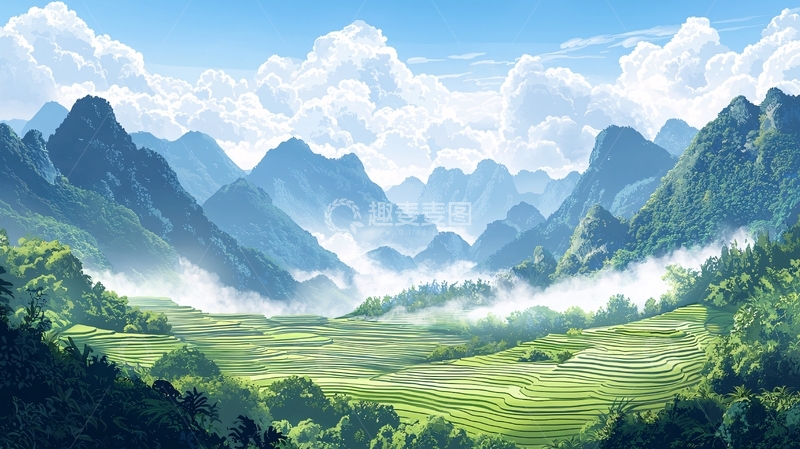 高清大图下载【趣麦麦图】青绿山水风景如画