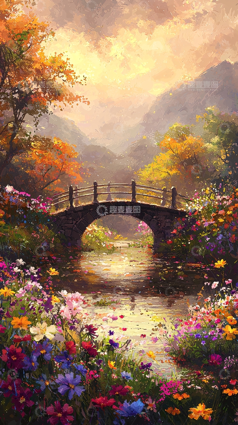 高清大图下载【趣麦麦图】秋日花桥流水美景