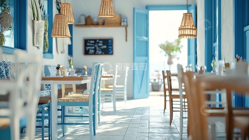 高清大图下载【趣麦麦图】蓝白地中海风格餐厅