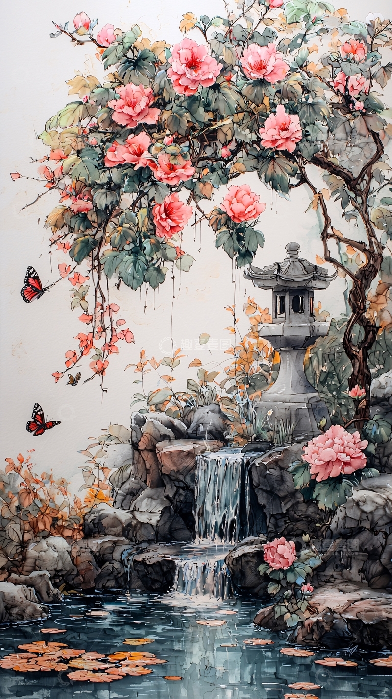 高清大图下载【趣麦麦图】粉色蔷薇花瀑布园林