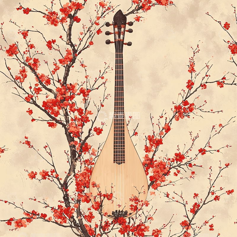 高清大图下载【趣麦麦图】琵琶红梅国风背景