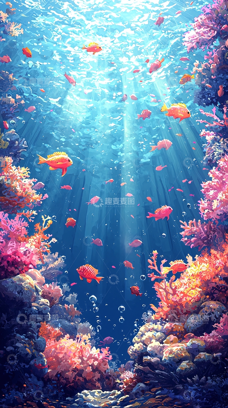 高清大图下载【趣麦麦图】水下珊瑚礁和一群鱼