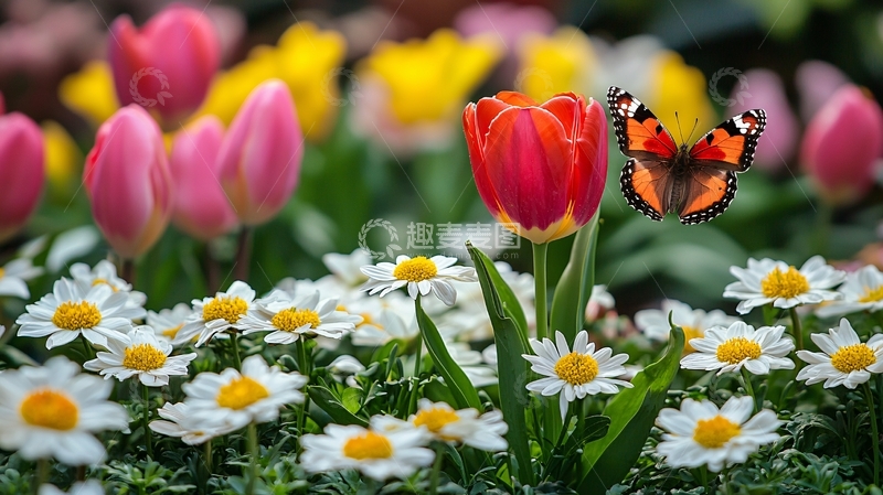 高清大图下载【趣麦麦图】蝴蝶飞舞郁金香花丛