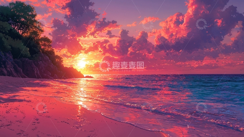 高清大图下载【趣麦麦图】粉色沙滩日落