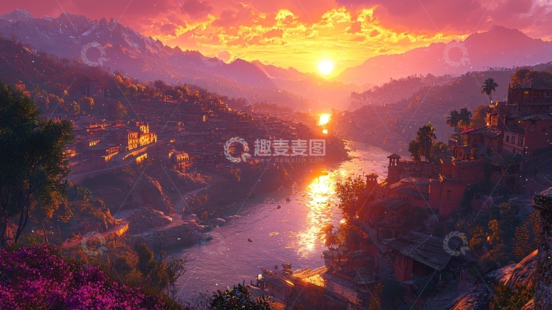 高清大图下载【趣麦麦图】夕阳下的山谷河流城市