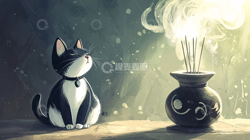 高清大图下载【趣麦麦图】猫咪与香炉