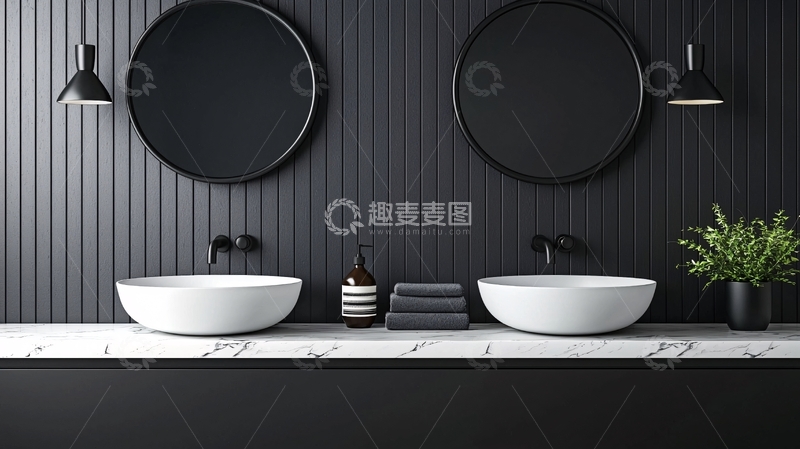 高清大图下载【趣麦麦图】现代黑色浴室双盥洗池