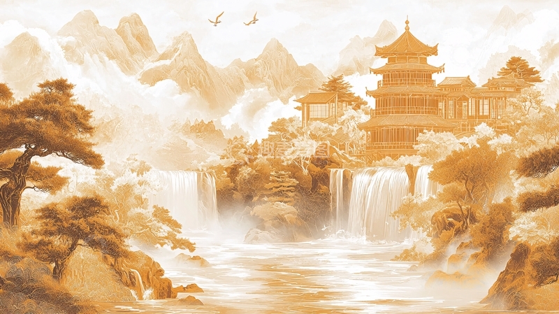 高清大图下载【趣麦麦图】水墨山水古建筑