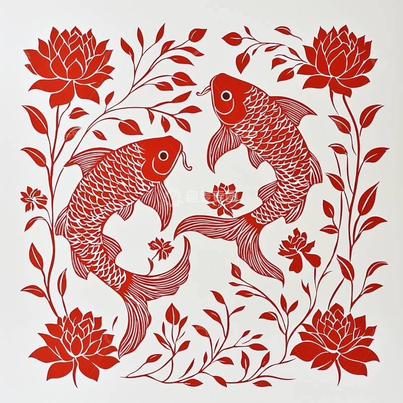 高清大图下载【趣麦麦图】红鲤鱼花卉图案
